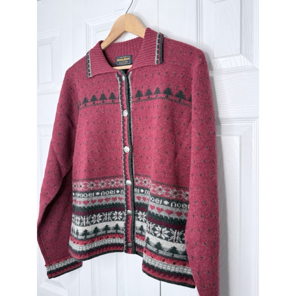NWT Vintage Woolrich Fair Isle Cardigan Sweater Large Wool Noel Christmas Trees - Picture 2 of 12